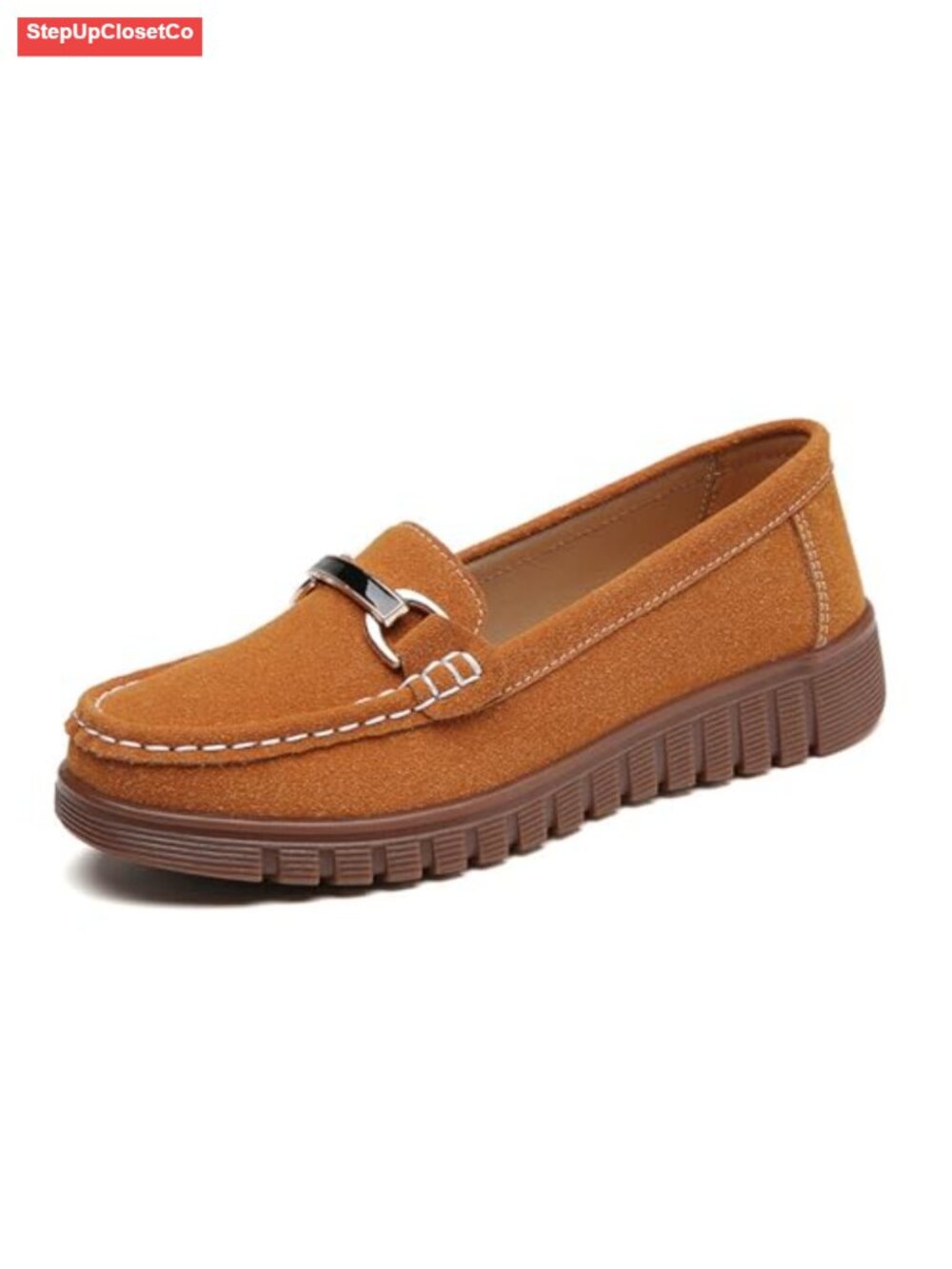 Metal Suede Shallow Platform Flat Loafers Comfort Round Toe Lightweight Slip On